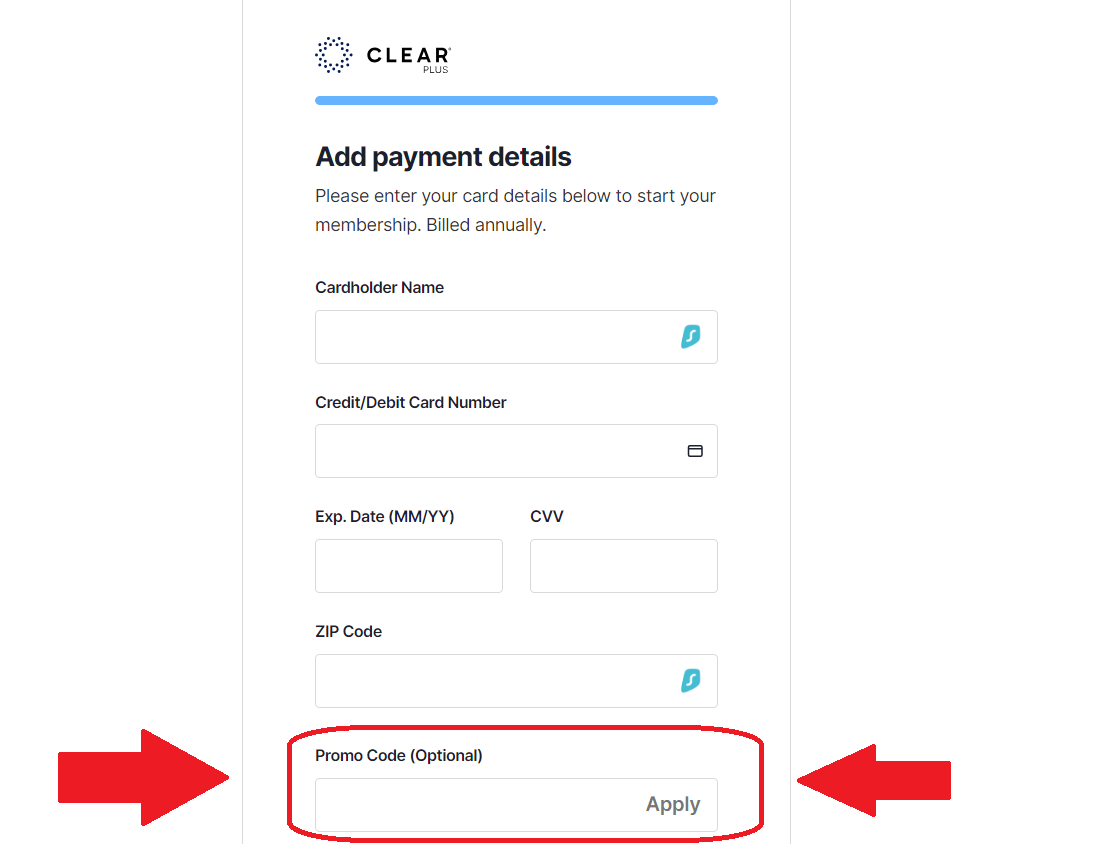 CLEAR promo code box