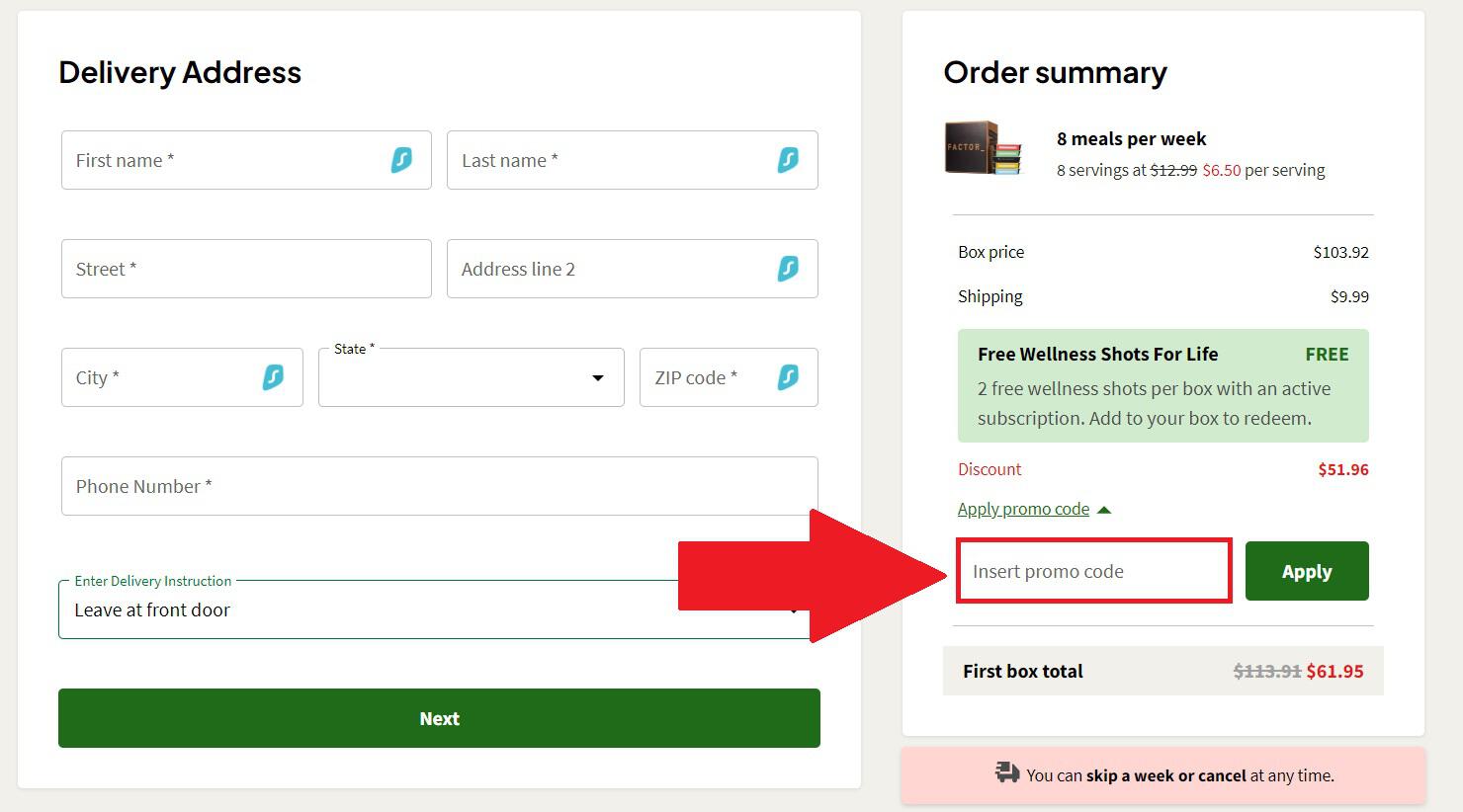 Factor promo code box