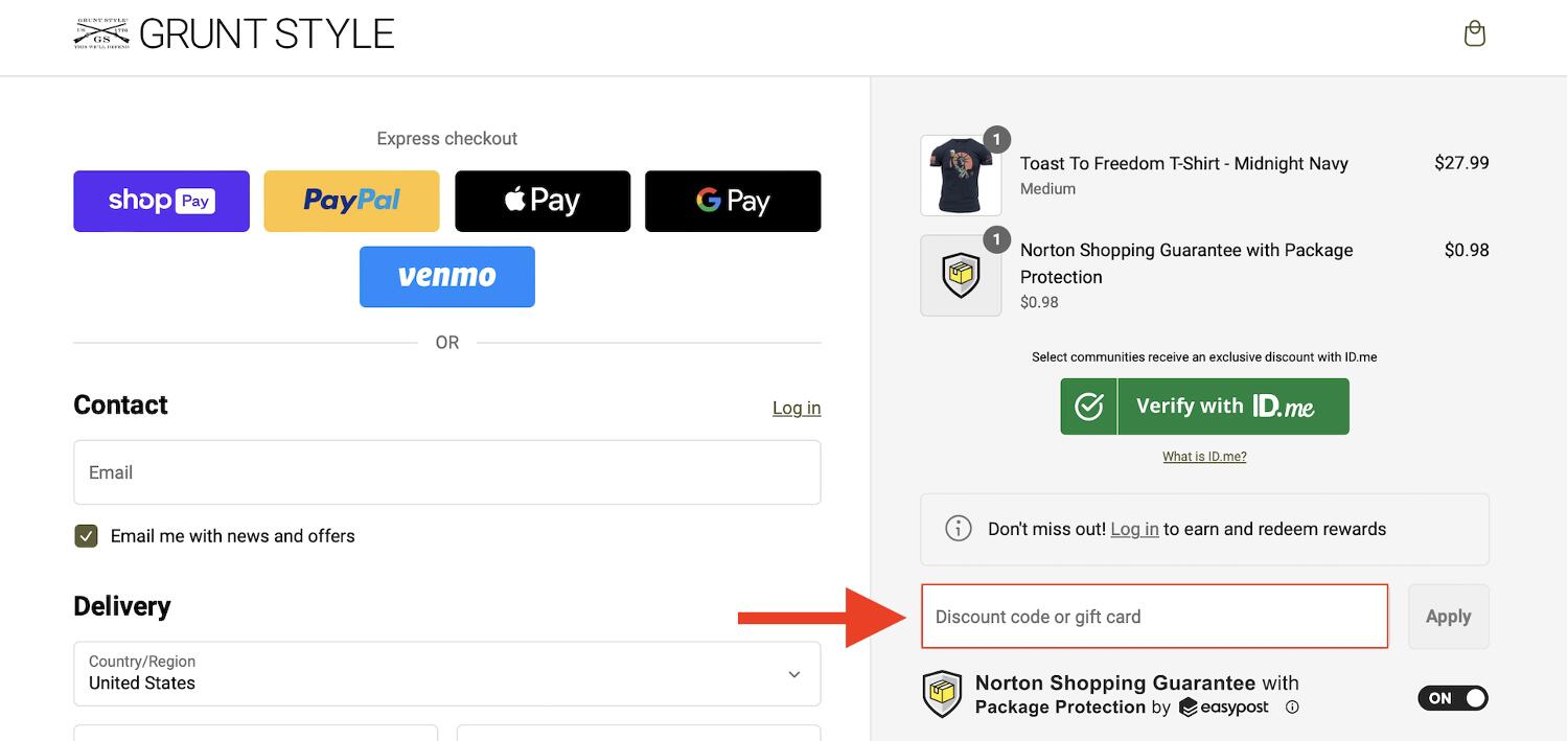 arrow pointing to discount code box