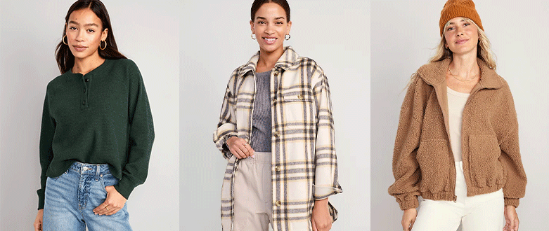 3 women wearing different Old Navy jackets and sweaters