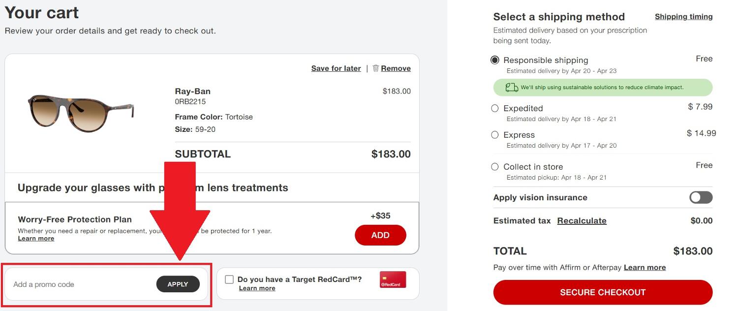 Target Optical promo code box
