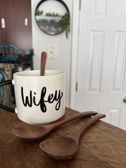 Temu set of wooden spoons next to mug