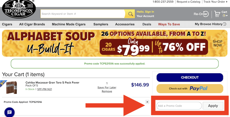 Thompson Cigar promo code box